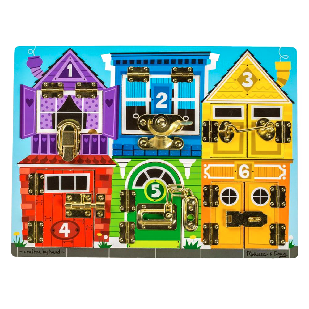 Colorful wooden latches board featuring six numbered doors with metal latches in bright purple, blue, yellow, red, green, and orange, designed to teach numbers, colors, and fine motor skills, handcrafted and ideal for children's indoor play, toys, and learning collections.