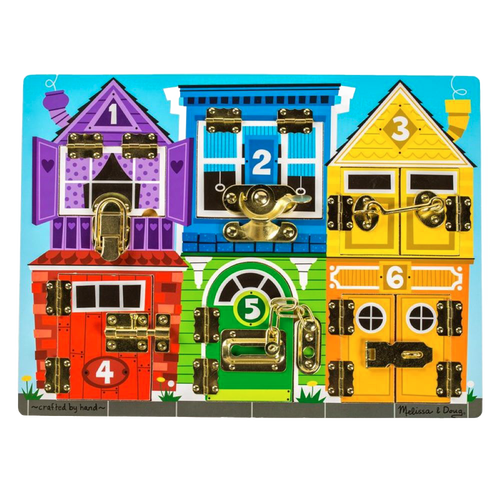 Colorful wooden latches board featuring six numbered doors with metal latches in bright purple, blue, yellow, red, green, and orange, designed to teach numbers, colors, and fine motor skills, handcrafted and ideal for children's indoor play, toys, and learning collections.