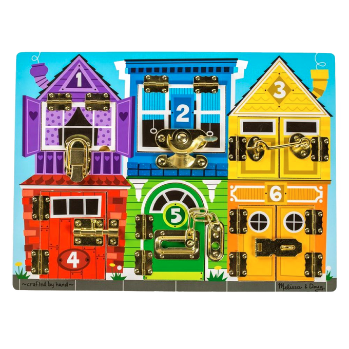 Colorful wooden latches board featuring six numbered doors with metal latches in bright purple, blue, yellow, red, green, and orange, designed to teach numbers, colors, and fine motor skills, handcrafted and ideal for children's indoor play, toys, and learning collections.