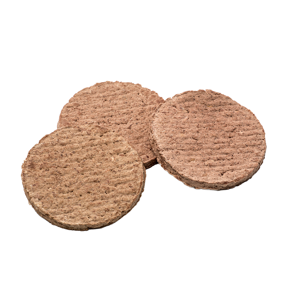 Three freeze-dried hamburger patties with a natural texture, ideal for long-term food storage in emergency supplies, kitchen and food, meats, and USA made collections.