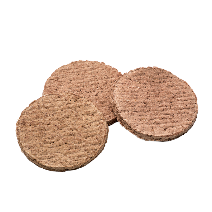 Three freeze-dried hamburger patties with a natural texture, ideal for long-term food storage in emergency supplies, kitchen and food, meats, and USA made collections.