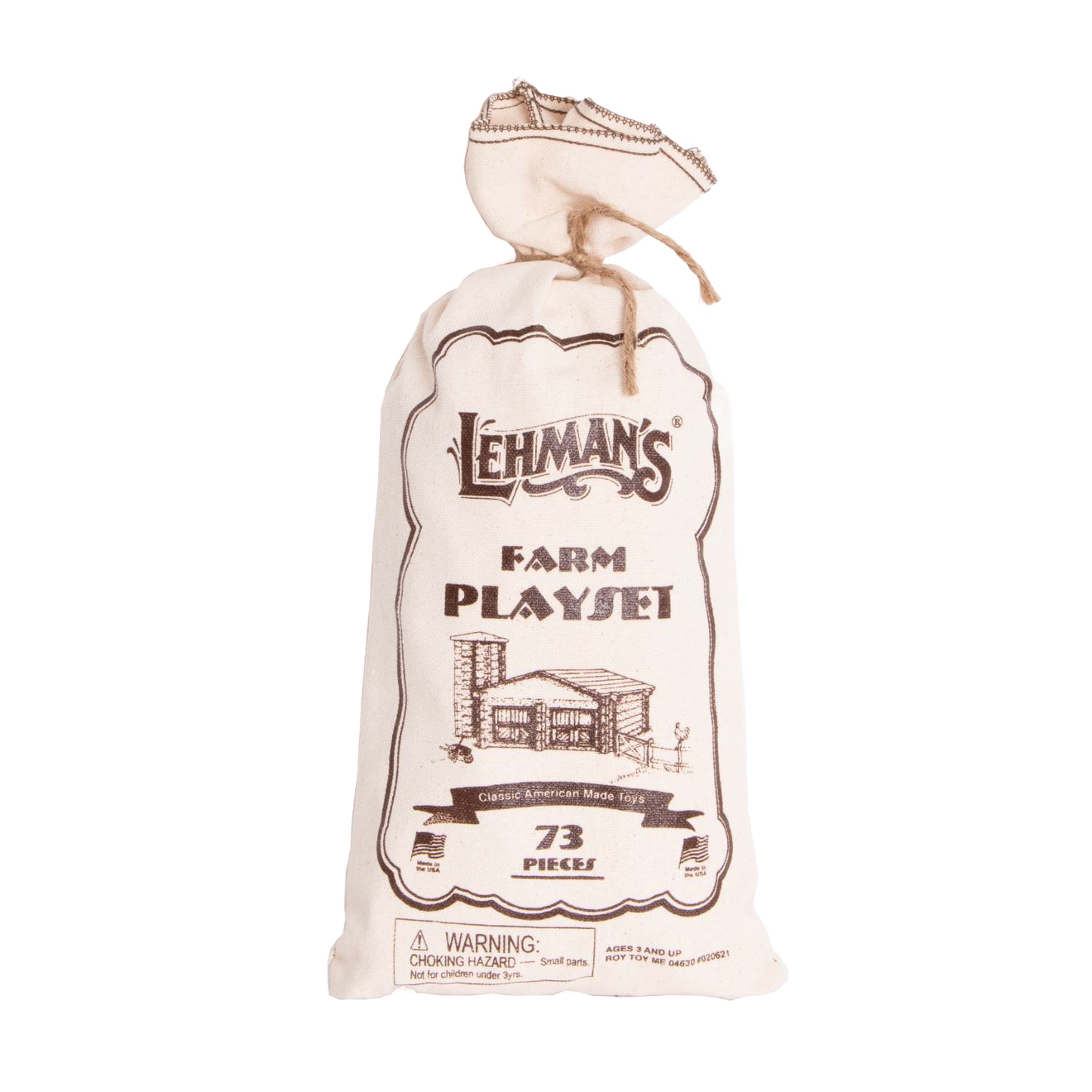 Natural cotton drawstring bag printed with vintage-style text and illustration for a handcrafted wooden log playset, made in USA, part of toys & games and wooden toys collections.