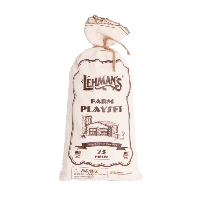 Natural cotton drawstring bag printed with vintage-style text and illustration for a handcrafted wooden log playset, made in USA, part of toys & games and wooden toys collections.