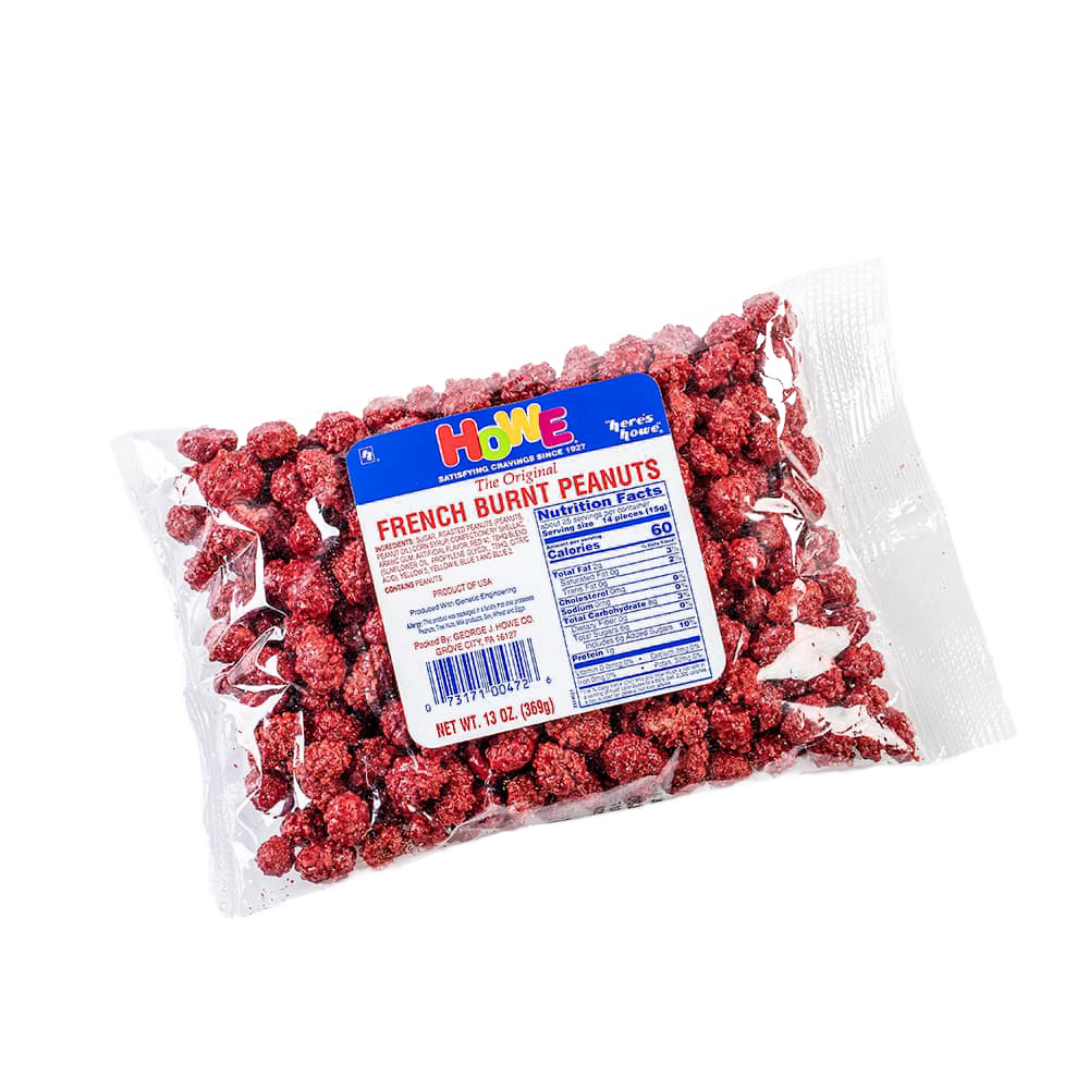 Clear plastic bag of crunchy candy-coated peanuts with a red coating and blue label, handcrafted and made in USA, featured in Kitchen & Food, Candy, and Best Sellers collections.