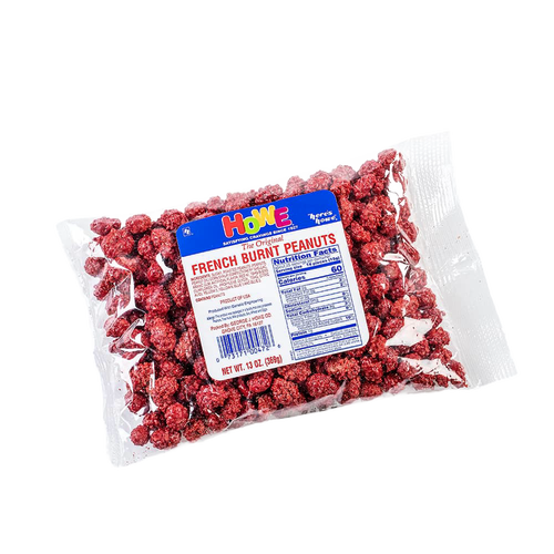 Clear plastic bag of crunchy candy-coated peanuts with a red coating and blue label, handcrafted and made in USA, featured in Kitchen & Food, Candy, and Best Sellers collections.