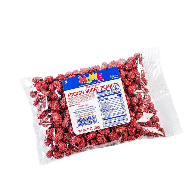 Clear plastic bag of crunchy candy-coated peanuts with a red coating and blue label, handcrafted and made in USA, featured in Kitchen & Food, Candy, and Best Sellers collections.