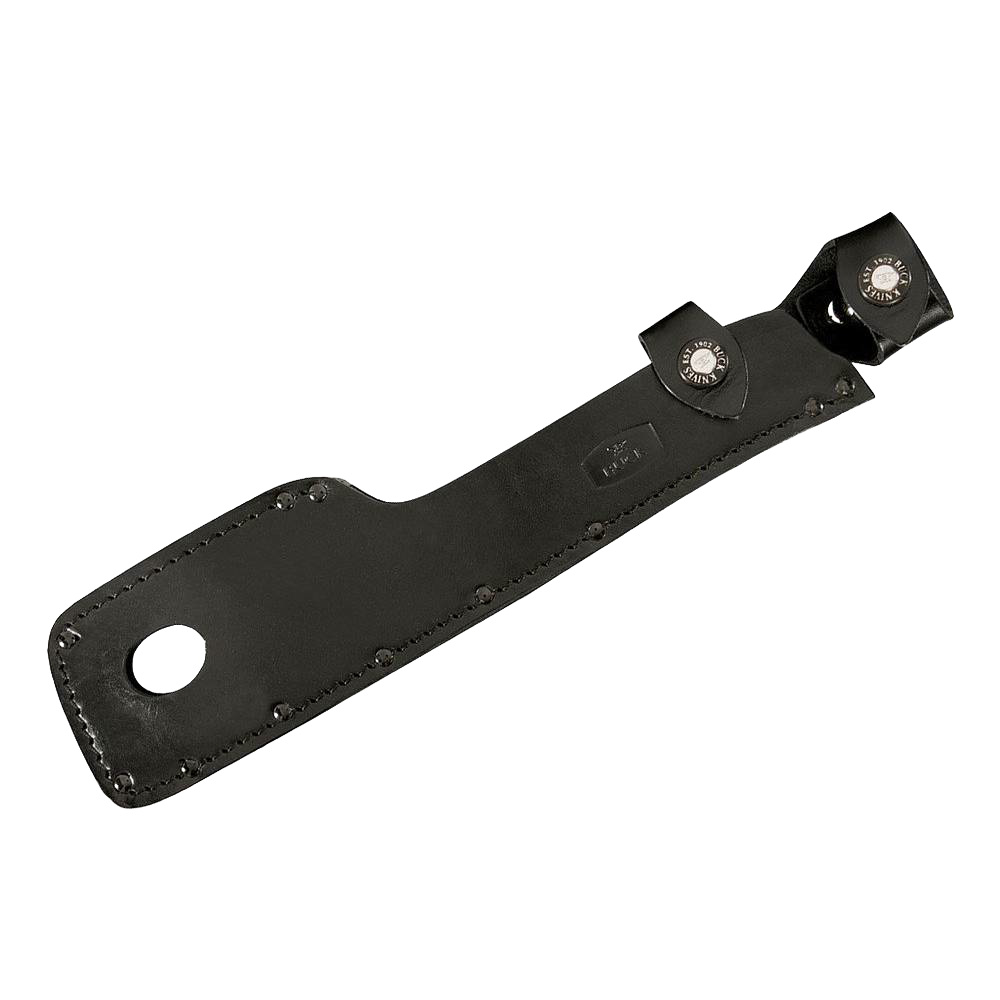 Black leather sheath with metal snap closures designed to securely hold and protect a wood chopping and hauling tool, featured in Farm, Garden & Tool and Camping collections.