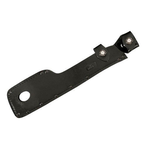 Black leather sheath with metal snap closures designed to securely hold and protect a wood chopping and hauling tool, featured in Farm, Garden & Tool and Camping collections.