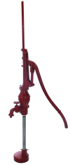 Red cast iron double-acting deep well hand pump with adjustable stroke handle and galvanized steel pipe, handcrafted and USA made, featured in Water Pumps and Heritage and Lifestyle Books collections.