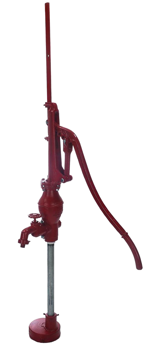 Red cast iron double-acting deep well hand pump with adjustable stroke handle and galvanized steel pipe, handcrafted and USA made, featured in Water Pumps and Heritage and Lifestyle Books collections.