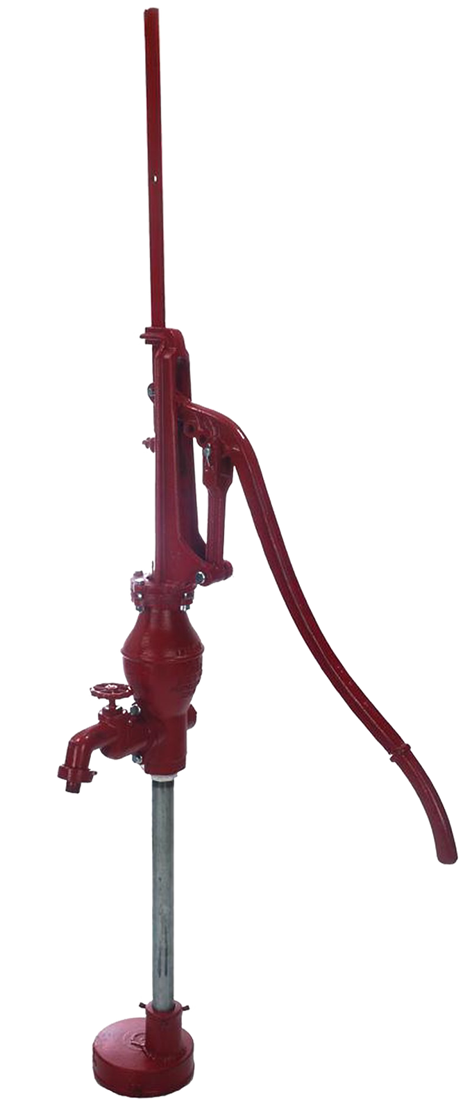Red cast iron double-acting deep well hand pump with adjustable stroke handle and galvanized steel pipe, handcrafted and USA made, featured in Water Pumps and Heritage and Lifestyle Books collections.