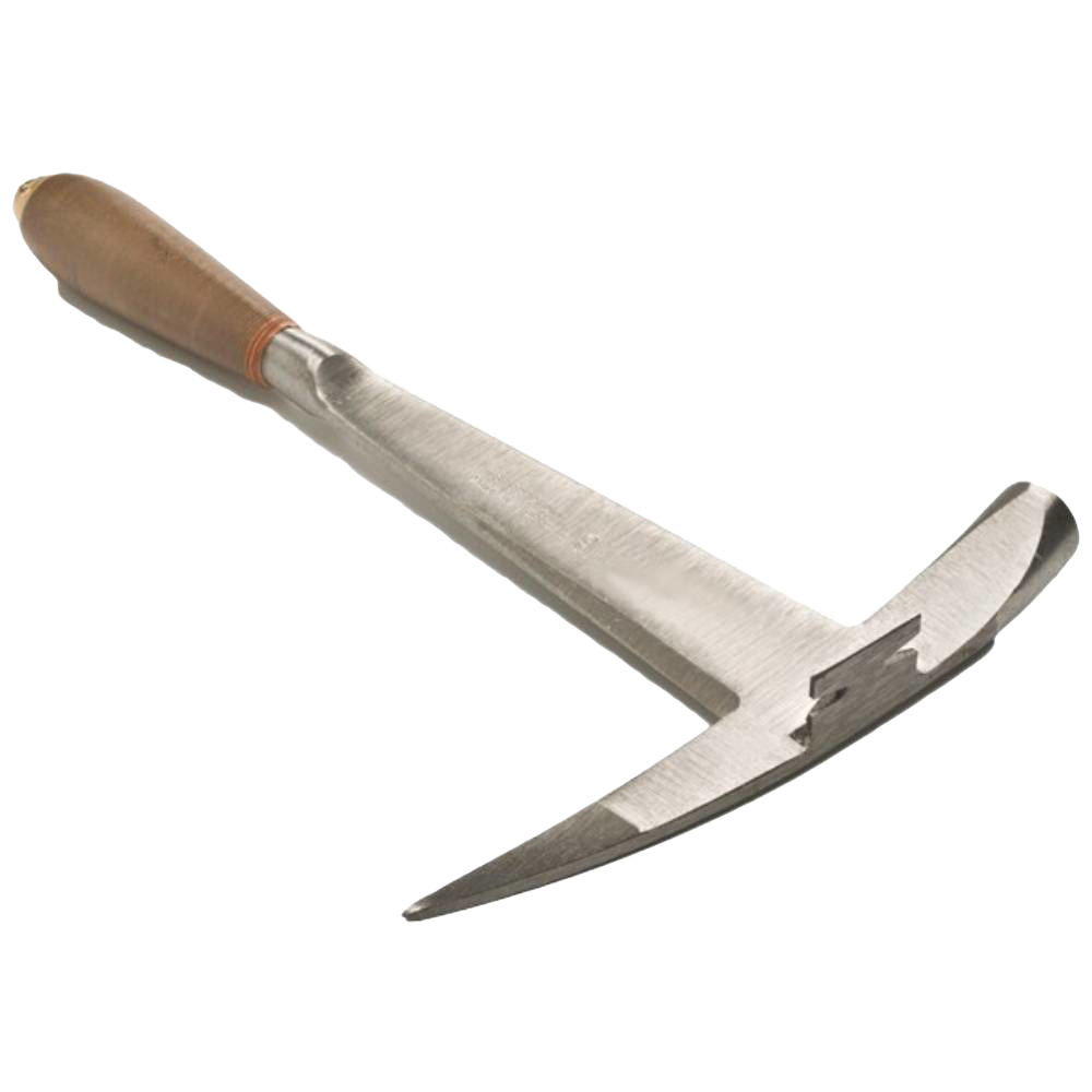 Handcrafted slater's hammer with polished steel head and smooth wooden handle, designed for precise slate trimming and roofing tasks in farm, garden, and hand tool collections.