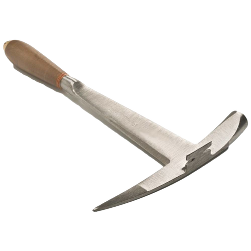 Handcrafted slater's hammer with polished steel head and smooth wooden handle, designed for precise slate trimming and roofing tasks in farm, garden, and hand tool collections.