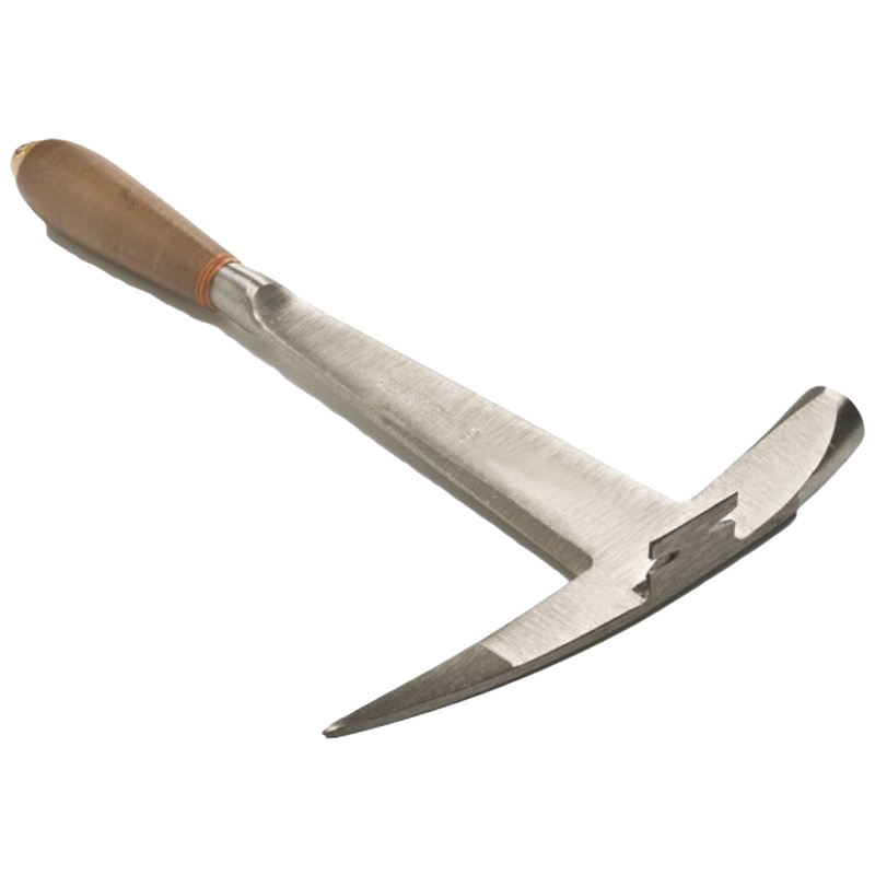 Handcrafted slater's hammer with polished steel head and smooth wooden handle, designed for precise slate trimming and roofing tasks in farm, garden, and hand tool collections.
