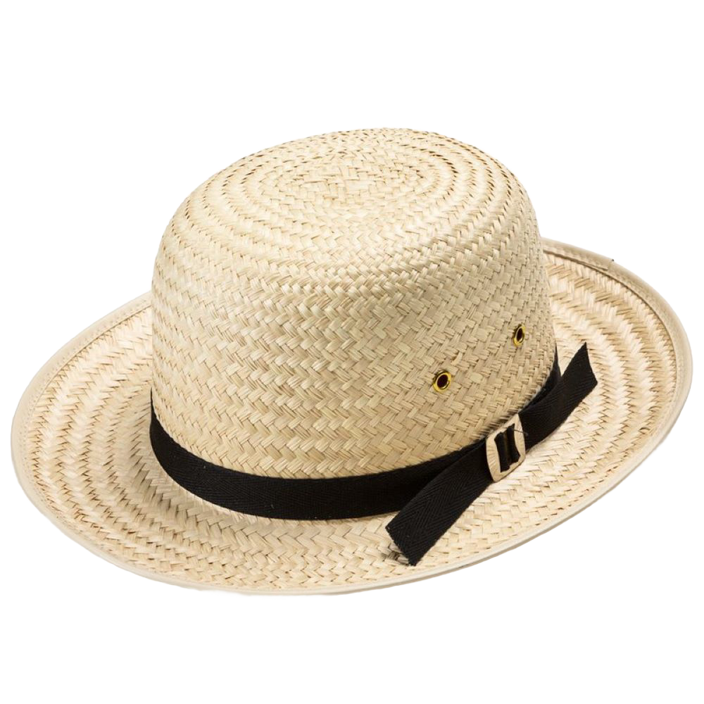 Handcrafted boys' natural straw hat with a 2-1/2" brim, featuring a 3/4" black fabric band with buckle, black cloth sweatband, Amish made in USA, from Health & Wellness and Garden Accessories collections.