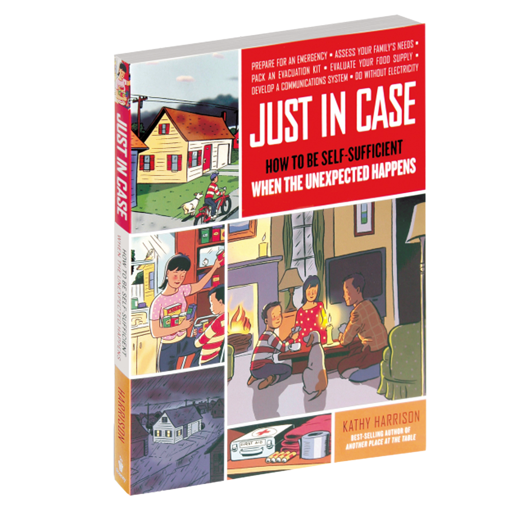 Book cover of "Just in Case" featuring retro illustrations of family emergency preparedness activities during a power outage, part of Toys, Books & Games, Heritage and Lifestyle Books, and Best Sellers collections.