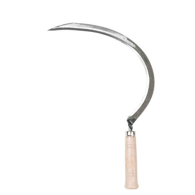 Hand-forged grass sickle with a fine Austrian steel curved blade and smooth hardwood handle, ideal for precise trimming in farm, garden & tool, lawncare, and garden accessories collections.