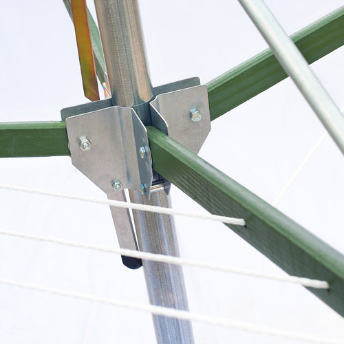 Close-up of sturdy metal brackets securing green wooden arms to a central metal pole of a handcrafted rotating clothes dryer, featuring durable natural fiber clotheslines for Home & Decor and Laundry Supplies collections.