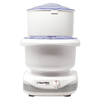 White electric kitchen appliance with clear plastic lid and integrated flour sifter, designed for fine baking preparation, featured in Kitchen & Food and Baking Supplies collections.