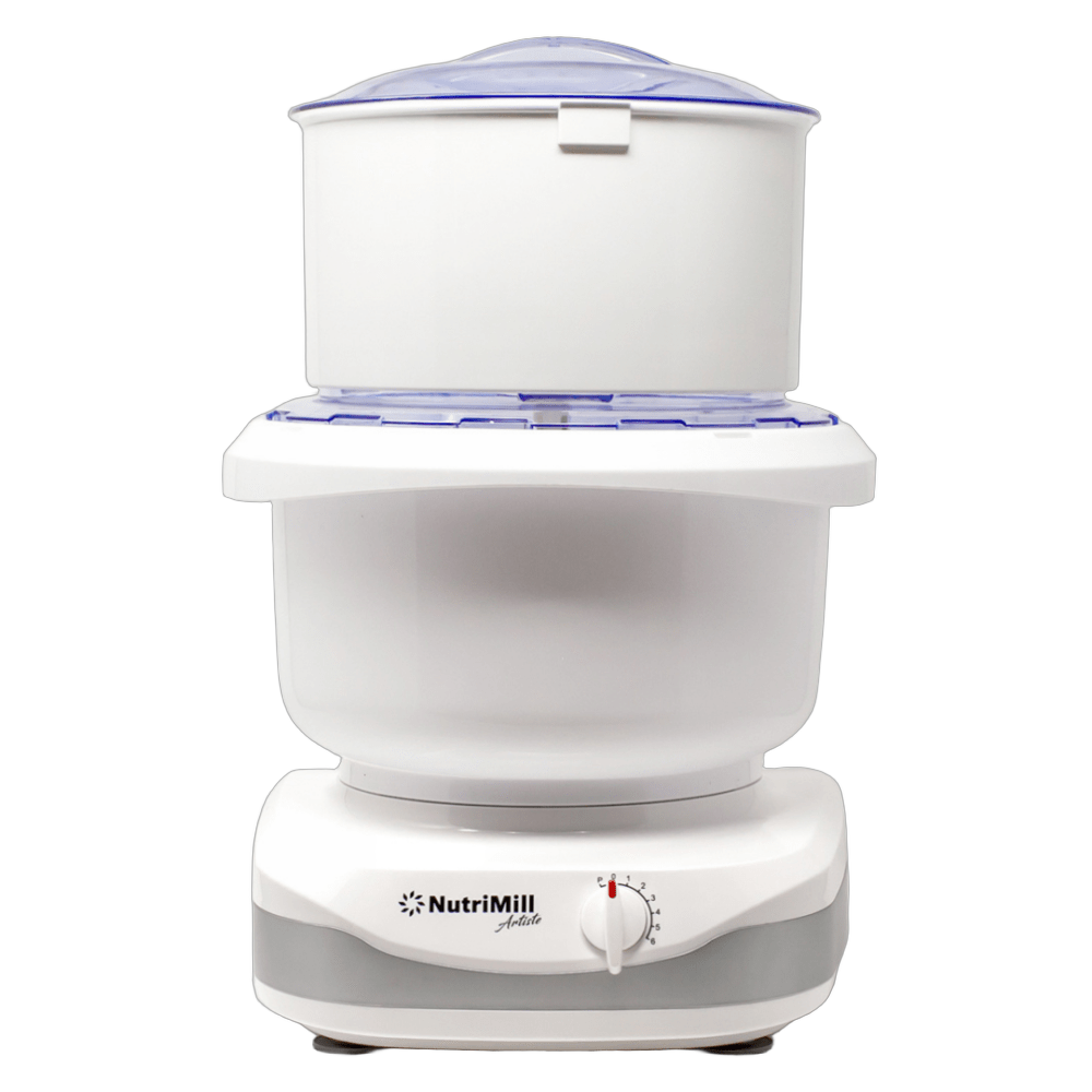 White electric kitchen appliance with clear plastic lid and integrated flour sifter, designed for fine baking preparation, featured in Kitchen & Food and Baking Supplies collections.