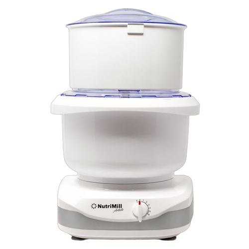 White electric kitchen appliance with clear plastic lid and integrated flour sifter, designed for fine baking preparation, featured in Kitchen & Food and Baking Supplies collections.