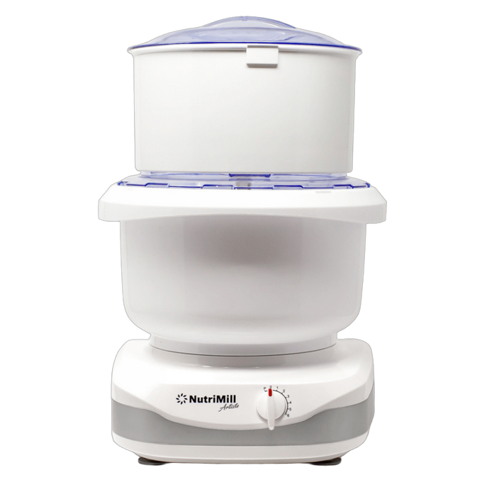 White electric kitchen appliance with clear plastic lid and integrated flour sifter, designed for fine baking preparation, featured in Kitchen & Food and Baking Supplies collections.