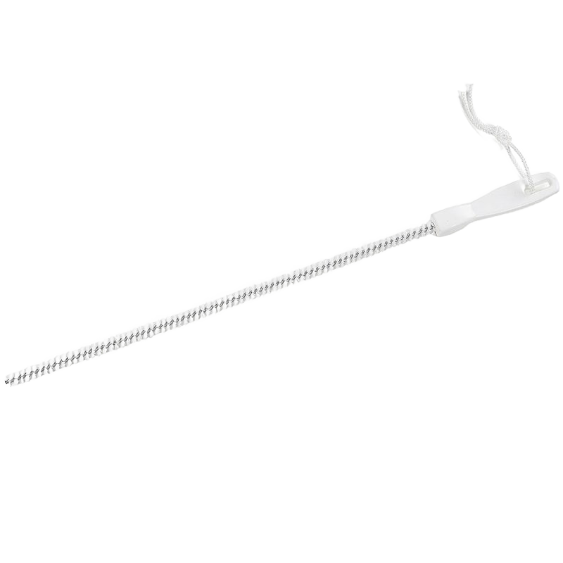 Thin, flexible sink drain brush with short, stiff bristles and white handle featuring hanging loop, designed for removing debris; part of Home & Decor and Household Cleaning collections.