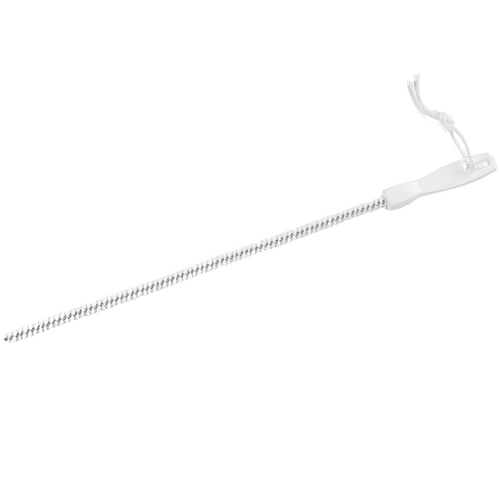 Thin, flexible sink drain brush with short, stiff bristles and white handle featuring hanging loop, designed for removing debris; part of Home & Decor and Household Cleaning collections.