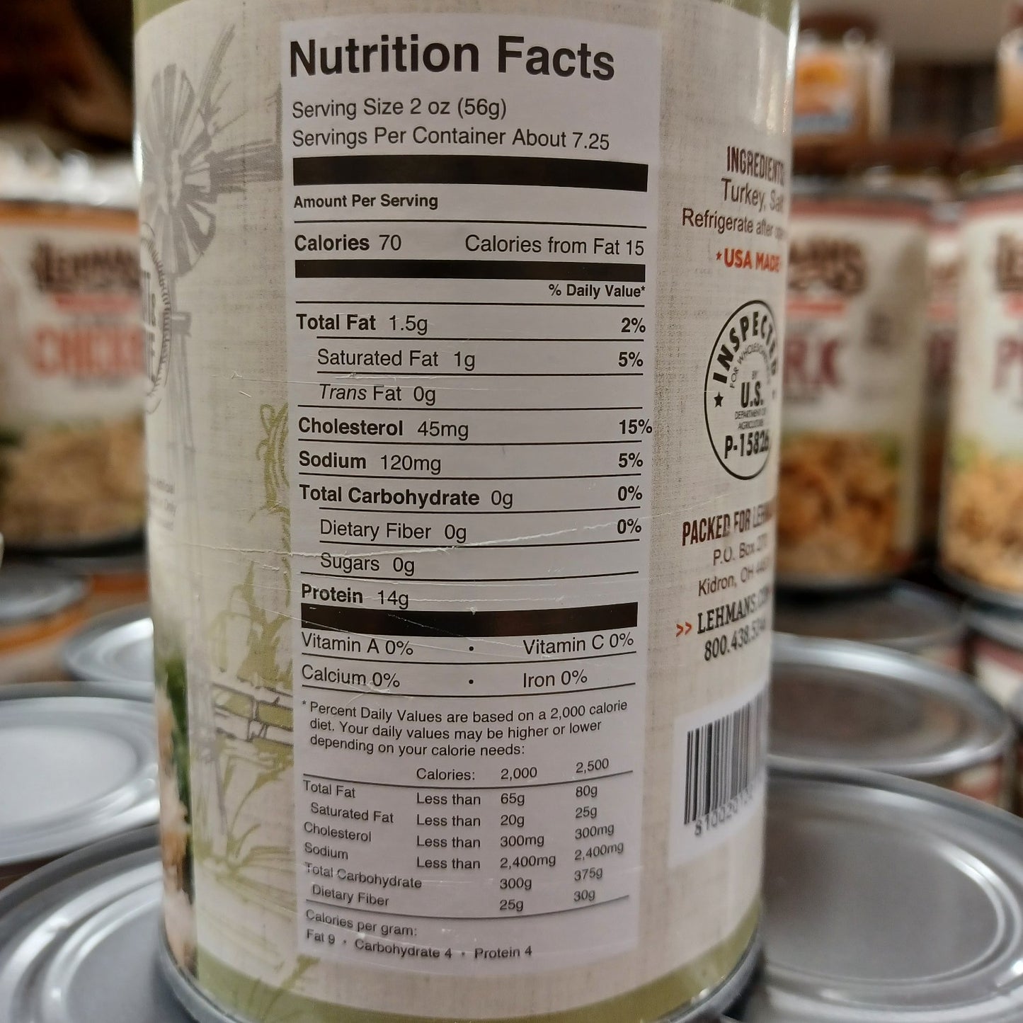 Close-up of nutrition facts label on canned turkey, highlighting low fat, zero carbohydrates, and high protein, featured for Farm, Garden & Tool, Kitchen & Food, Emergency Supplies, and Best Sellers collections.