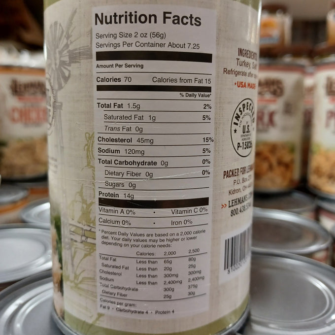 Close-up of nutrition facts label on canned turkey, highlighting low fat, zero carbohydrates, and high protein, featured for Farm, Garden & Tool, Kitchen & Food, Emergency Supplies, and Best Sellers collections.