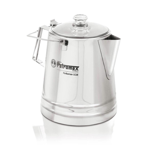 Polished stainless steel percolator with clear glass lid and foldable handle, designed for gentle coffee and tea brewing, ideal for Camping, Kitchen & Food, and Brewing Coffee and Tea collections.