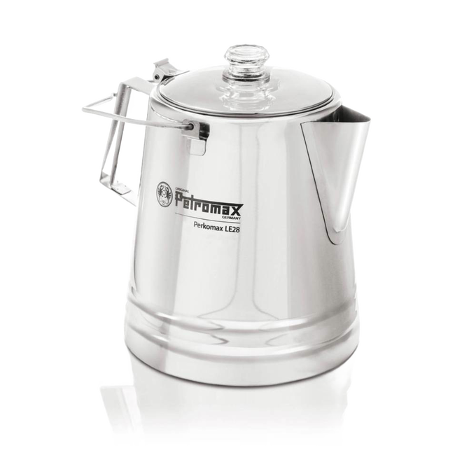 Polished stainless steel percolator with clear glass lid and foldable handle, designed for gentle coffee and tea brewing, ideal for Camping, Kitchen & Food, and Brewing Coffee and Tea collections.