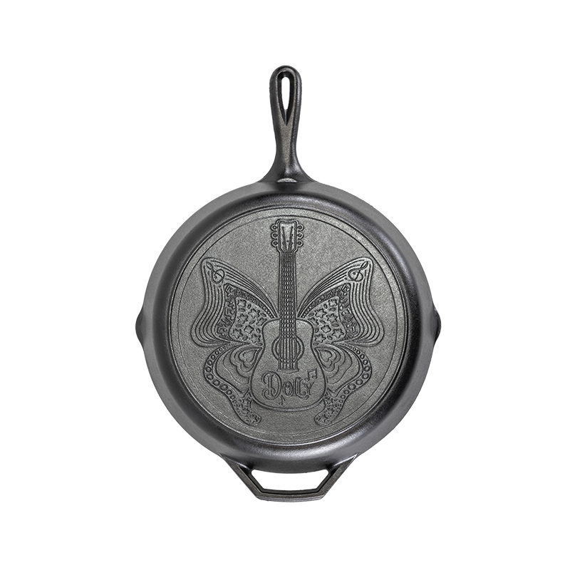 12-inch cast iron skillet featuring a butterfly and guitar design inspired by Dolly Parton, handcrafted in the USA, ideal for Kitchen & Food, Cookware, Cast Iron, Best Sellers, and Promo Eligible collections.