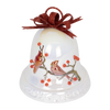 Handcrafted dolomite bell featuring red cardinals perched on a branch with red berries and a glittery red bow, glowing softly for warm holiday ambiance in Home & Decor, Holiday Decor, Promo Eligible collections.