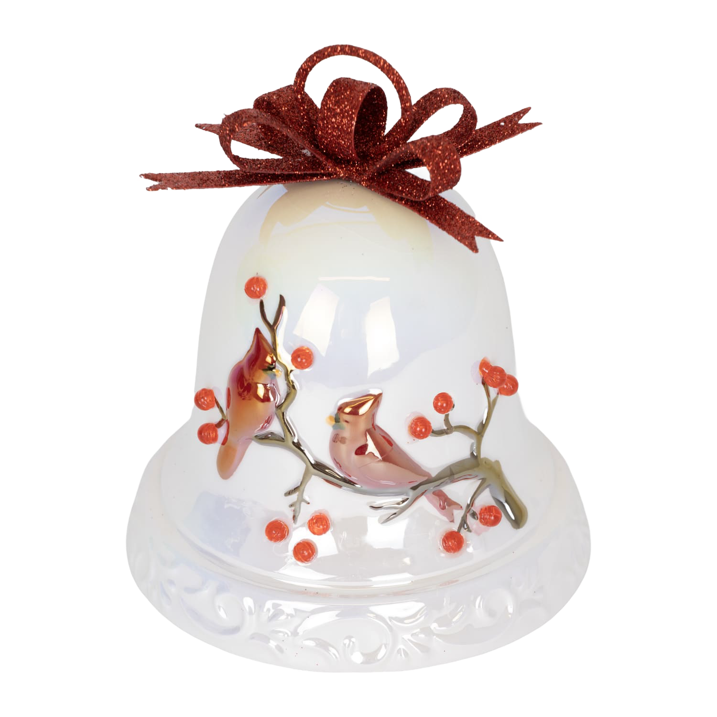 Handcrafted dolomite bell featuring red cardinals perched on a branch with red berries and a glittery red bow, glowing softly for warm holiday ambiance in Home & Decor, Holiday Decor, Promo Eligible collections.