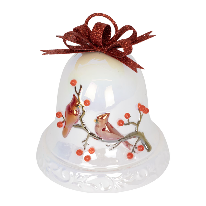 Handcrafted dolomite bell featuring red cardinals perched on a branch with red berries and a glittery red bow, glowing softly for warm holiday ambiance in Home & Decor, Holiday Decor, Promo Eligible collections.