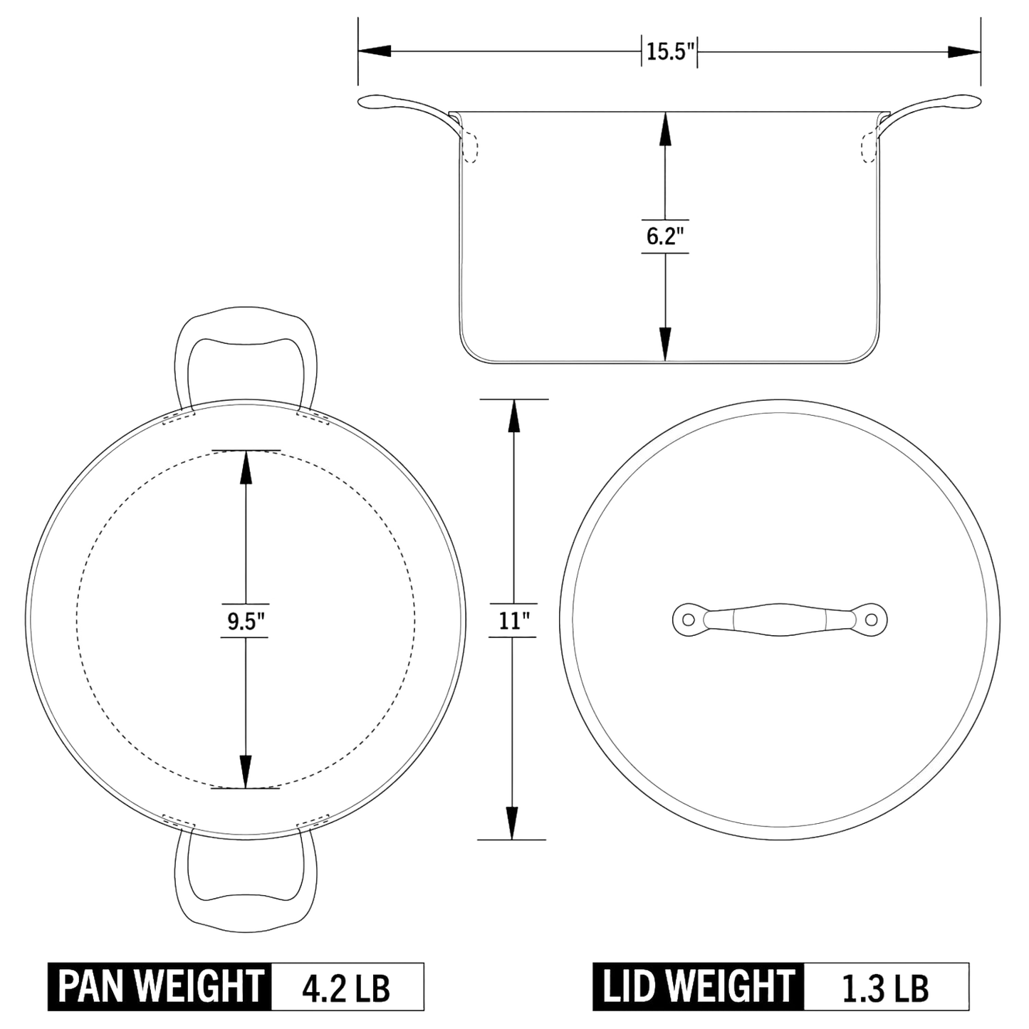Technical line drawing of a handcrafted fully clad steel 8-quart stock pot and lid with detailed measurements and weight specifications, featured in Kitchen & Food, Cookware, and Pots and Pans collections.