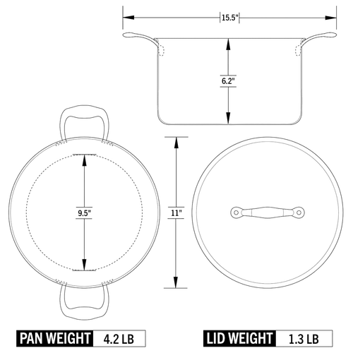 Technical line drawing of a handcrafted fully clad steel 8-quart stock pot and lid with detailed measurements and weight specifications, featured in Kitchen & Food, Cookware, and Pots and Pans collections.