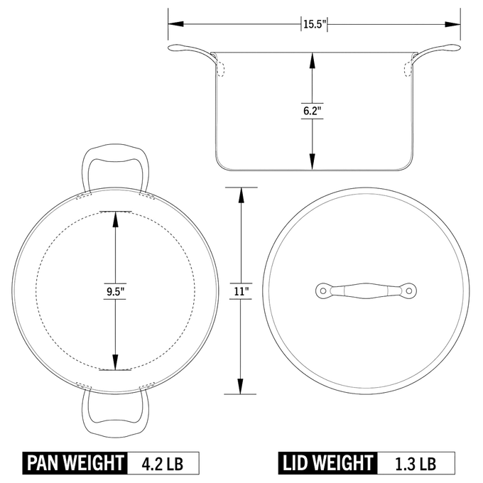 Technical line drawing of a handcrafted fully clad steel 8-quart stock pot and lid with detailed measurements and weight specifications, featured in Kitchen & Food, Cookware, and Pots and Pans collections.