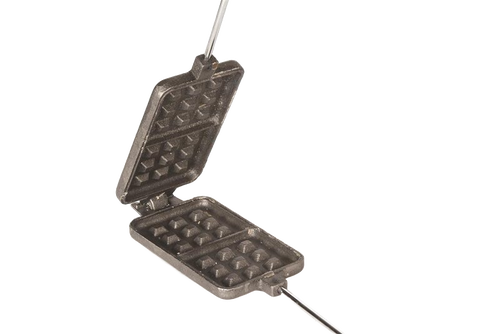 Square cast iron waffle maker with long metal handles and wooden grips, designed for campfire cooking, featured in Farm, Garden & Tool, Camping, Best Sellers, and Promo Eligible collections.