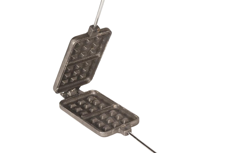 Square cast iron waffle maker with long metal handles and wooden grips, designed for campfire cooking, featured in Farm, Garden & Tool, Camping, Best Sellers, and Promo Eligible collections.