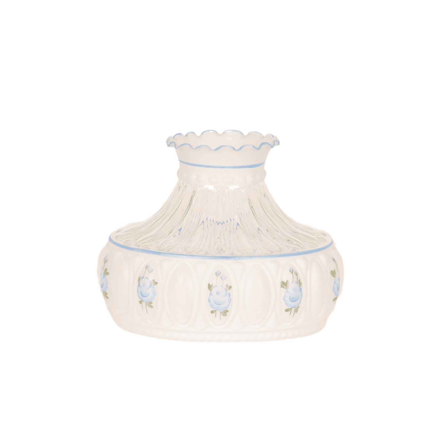 Handcrafted blue rose patterned glass oil lamp shade with scalloped top edge, designed for use in lamps and lighting, lamp shades, parts and accessories, and best sellers collections.