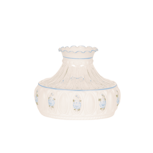 Handcrafted blue rose patterned glass oil lamp shade with scalloped top edge, designed for use in lamps and lighting, lamp shades, parts and accessories, and best sellers collections.