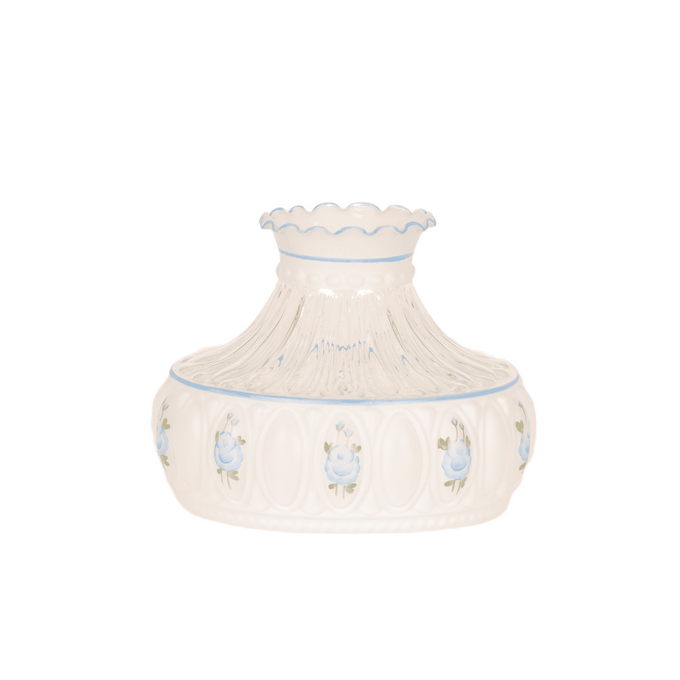 Handcrafted blue rose patterned glass oil lamp shade with scalloped top edge, designed for use in lamps and lighting, lamp shades, parts and accessories, and best sellers collections.