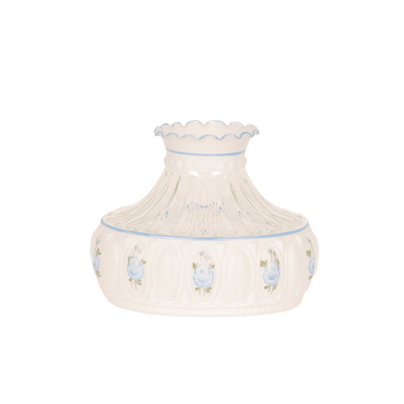 Handcrafted blue rose patterned glass oil lamp shade with scalloped top edge, designed for use in lamps and lighting, lamp shades, parts and accessories, and best sellers collections.