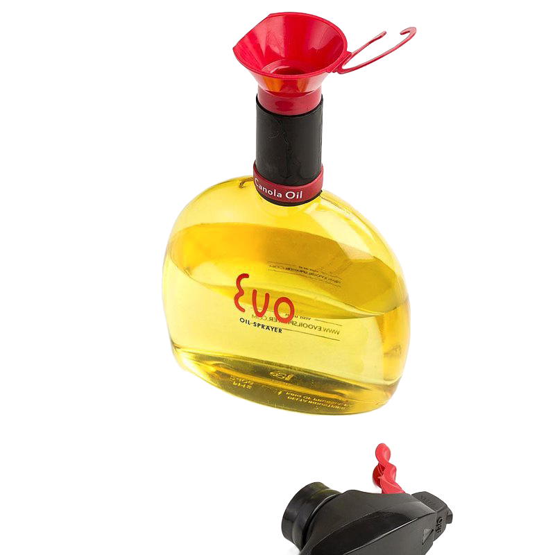 Clear yellow cooking oil in a transparent container with a red funnel attached for easy refilling and a detachable black spray nozzle, part of Kitchen & Food and Cookware collections.