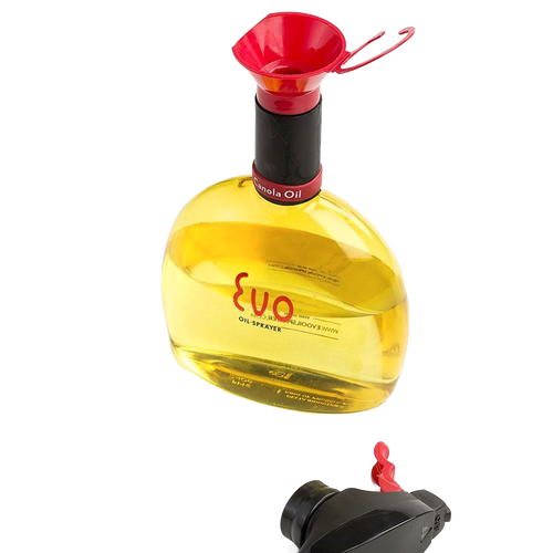 Clear yellow cooking oil in a transparent container with a red funnel attached for easy refilling and a detachable black spray nozzle, part of Kitchen & Food and Cookware collections.