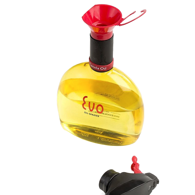 Clear yellow cooking oil in a transparent container with a red funnel attached for easy refilling and a detachable black spray nozzle, part of Kitchen & Food and Cookware collections.