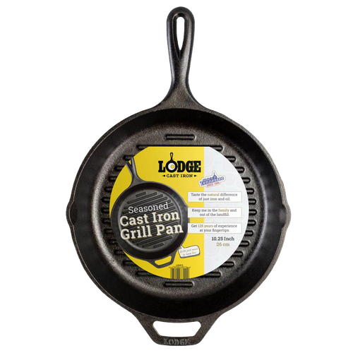 Handcrafted cast iron grill pan with raised ridges and assist handle, pre-seasoned with natural vegetable oil, made in USA, suitable for Kitchen & Food, Cookware, Cast Iron, Best Sellers, and Promo Eligible collections.