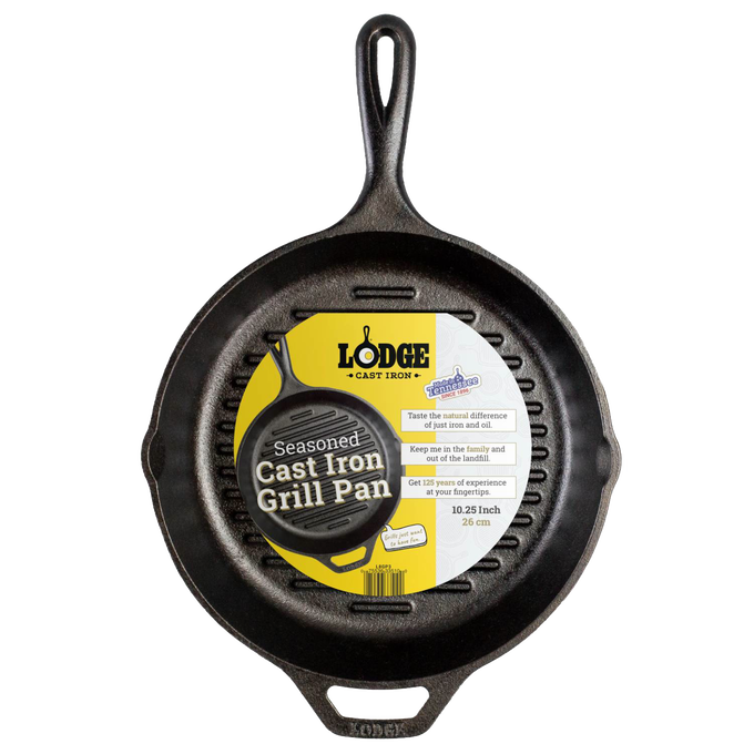 Handcrafted cast iron grill pan with raised ridges and assist handle, pre-seasoned with natural vegetable oil, made in USA, suitable for Kitchen & Food, Cookware, Cast Iron, Best Sellers, and Promo Eligible collections.